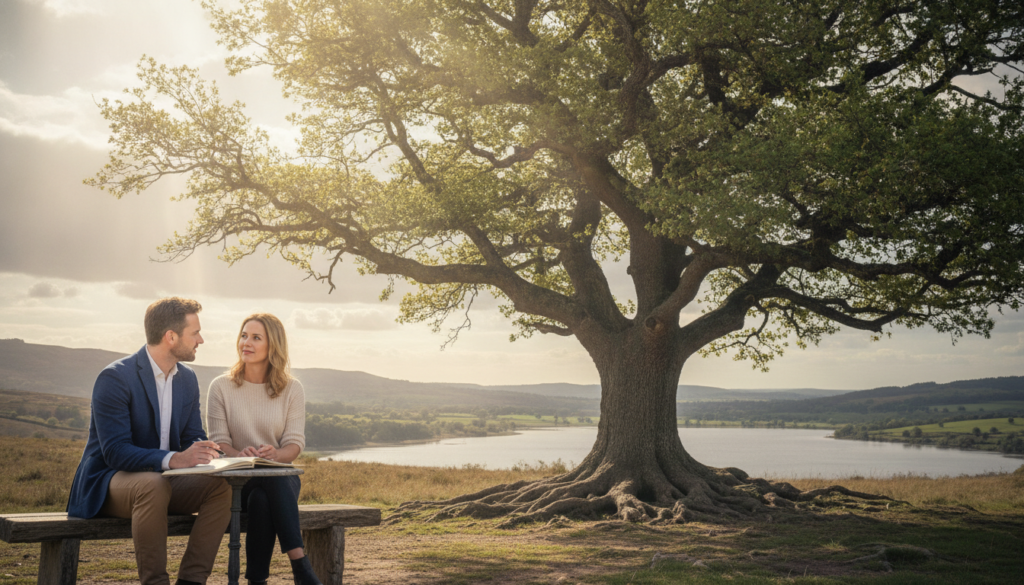 A professional and serene scene depicting the concept of "Developing Resilience Step by Step." In the foreground, a diverse group of two individuals, one man and one woman, dressed in smart casual attire, are engaged in a thoughtful discussion, with a notebook and a pen in hand, symbolizing planning and progress. In the middle ground, a large tree represents growth, with branches showcasing different stages of development such as budding leaves and strong roots, illustrating the resilience journey. The background features a calm, natural landscape with soft sunlight filtering through clouds, casting gentle rays that create an uplifting atmosphere. Use warm lighting to evoke a sense of hope and optimism, with a slightly blurred focus on the background to emphasize the foreground subjects. The overall mood should inspire determination and positivity.