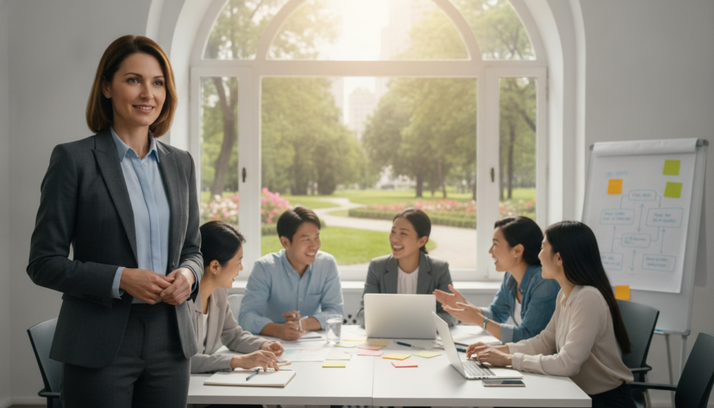 A professional woman in her 30s, dressed in modest business attire, stands confidently in the foreground, with a warm and inviting smile that reflects emotional intelligence. In the middle ground, a diverse group of individuals is engaged in a dynamic brainstorming session, featuring a mix of genders and ethnicities,working together passionately. In the background, a bright, sunlit window reveals a lush green park, symbolizing growth and purpose. The atmosphere is uplifting and inspiring, with soft, natural lighting cast across the scene. A shallow depth of field focuses on the woman and her team, conveying a sense of connection and resilience. The image captures the essence of overcoming personal challenges and embracing one's life purpose.