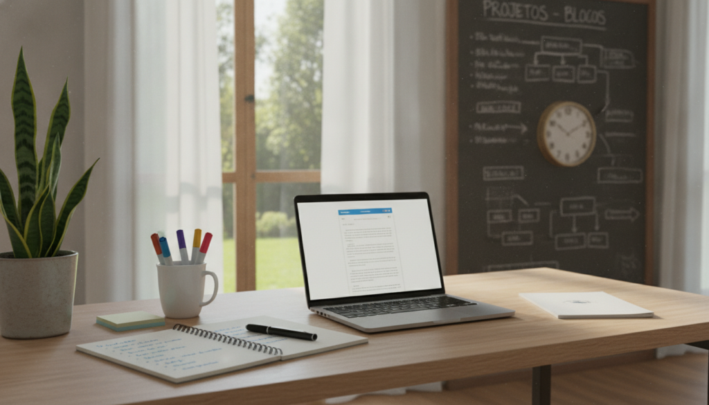 A serene and focused workspace featuring a modern desk with a laptop, surrounded by neatly arranged stationery and a notebook open with handwritten notes. In the foreground, a potted plant adds a touch of greenery. The middle ground showcases a calming window view with soft natural light streaming in, illuminating the space and casting gentle shadows. In the background, a chalkboard with strategic notes and diagrams emphasizes productivity, while a clock subtly hints at the importance of time management. The atmosphere is tranquil yet purposeful, evoking a sense of deep work and concentration, perfect for the concept of "blocos de foco." Use an eye-level perspective with soft, diffused lighting to enhance the peaceful ambiance. A serene and focused workspace featuring a modern desk with a laptop, surrounded by neatly arranged stationery and a notebook open with handwritten notes. In the foreground, a potted plant adds a touch of greenery. The middle ground showcases a calming window view with soft natural light streaming in, illuminating the space and casting gentle shadows. In the background, a chalkboard with strategic notes and diagrams emphasizes productivity, while a clock subtly hints at the importance of time management. The atmosphere is tranquil yet purposeful, evoking a sense of deep work and concentration, perfect for the concept of "blocos de foco." Use an eye-level perspective with soft, diffused lighting to enhance the peaceful ambiance.