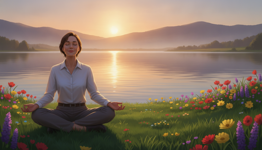 A serene and harmonious scene depicting the concept of emotional balance. In the foreground, a person in smart casual attire practices mindfulness, seated cross-legged on a lush, green meadow. They have a calm expression, symbolizing inner peace. In the middle ground, gentle waves from a tranquil lake reflect the soft hues of a sunset, creating a dreamy atmosphere. Vibrant flowers bloom along the shoreline, adding pops of color to the scene. In the background, rolling hills fade into a gentle mist, providing a sense of depth and tranquility. The lighting is warm and golden, enhanced by soft shadows that evoke a peaceful, comforting mood. The overall ambiance should evoke feelings of serenity and balance, emphasizing the essence of emotional stability. A serene and harmonious scene depicting the concept of emotional balance. In the foreground, a person in smart casual attire practices mindfulness, seated cross-legged on a lush, green meadow. They have a calm expression, symbolizing inner peace. In the middle ground, gentle waves from a tranquil lake reflect the soft hues of a sunset, creating a dreamy atmosphere. Vibrant flowers bloom along the shoreline, adding pops of color to the scene. In the background, rolling hills fade into a gentle mist, providing a sense of depth and tranquility. The lighting is warm and golden, enhanced by soft shadows that evoke a peaceful, comforting mood. The overall ambiance should evoke feelings of serenity and balance, emphasizing the essence of emotional stability.