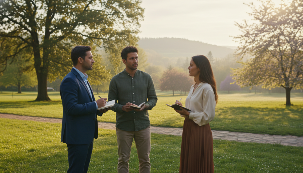 A serene and introspective scene depicting the concept of autoconhecimento (self-knowledge). In the foreground, a diverse group of three individuals, dressed in professional business attire or modest casual clothing, stand in a circle, engaging in deep conversation. The middle ground features a lush, tranquil park setting with gentle sunlight filtering through the trees, casting dappled shadows. In the background, soft hills roll away into the distance, enveloped in a light mist, conveying a sense of exploration and discovery. The overall mood is calm and hopeful, reflecting the transformative journey of mental health. The lighting is warm and inviting, with a focus on creating an uplifting atmosphere that symbolizes the first steps towards personal growth and understanding. A serene and introspective scene depicting the concept of autoconhecimento (self-knowledge). In the foreground, a diverse group of three individuals, dressed in professional business attire or modest casual clothing, stand in a circle, engaging in deep conversation. The middle ground features a lush, tranquil park setting with gentle sunlight filtering through the trees, casting dappled shadows. In the background, soft hills roll away into the distance, enveloped in a light mist, conveying a sense of exploration and discovery. The overall mood is calm and hopeful, reflecting the transformative journey of mental health. The lighting is warm and inviting, with a focus on creating an uplifting atmosphere that symbolizes the first steps towards personal growth and understanding.