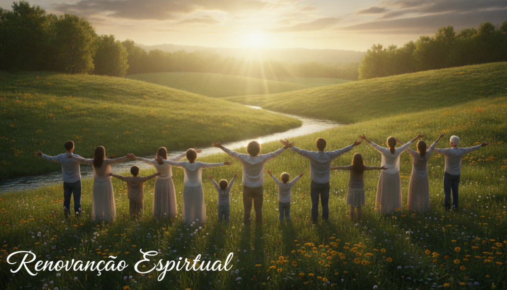 A serene and transformative spiritual scene depicting "Renovação Espiritual." In the foreground, a diverse group of individuals of various ages and backgrounds, dressed in modest, casual clothing, standing together with open arms, symbolizing unity and new beginnings. In the middle ground, a lush green landscape painted with vibrant colors, featuring blooming flowers and a soft, flowing river that represents renewal. In the background, a soft, radiant sunrise casts warm golden light, illuminating the scene and creating an atmosphere of hope and positivity. Incorporate gentle rays of light breaking through the clouds, enhancing the feeling of spiritual awakening and transformation. Capture the essence of peace and connection with nature, evoking a sense of renewal and fresh opportunities.