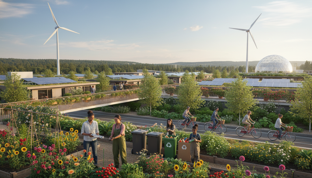 A serene and vibrant urban setting showcasing sustainable practices for daily life. In the foreground, a diverse group of individuals in modest casual clothing, happily engaging in activities like gardening, recycling, and riding bicycles. In the middle ground, community gardens filled with blooming flowers and vegetables, alongside solar panels and wind turbines. The background features a clear blue sky with a hint of greenery, emphasizing the connection between urban living and nature. Soft, warm lighting casts a welcoming glow over the scene, creating a joyful atmosphere. The image should emphasize harmony between human activity and the environment, with an inviting, optimistic mood that encourages community involvement in sustainability.
