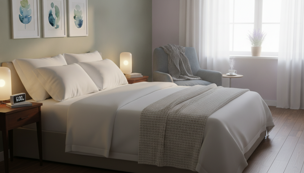 A serene bedroom scene focused on sleep hygiene. In the foreground, a neatly made bed with fluffy white pillows and a soft, inviting duvet. A bedside table holds a small clock and a calming, glowing lamp, casting warm light over the room. The middle ground features a cozy armchair with a blanket draped over it, suggesting relaxation. In the background, a window shows gentle morning light filtering through sheer curtains, illuminating the space with a peaceful ambiance. The walls are painted in soothing colors, and calming artwork hangs. The overall mood is tranquil and inviting, emphasizing the importance of quality sleep and proper sleep hygiene. The image should convey a sense of comfort and well-being. A serene bedroom scene focused on sleep hygiene. In the foreground, a neatly made bed with fluffy white pillows and a soft, inviting duvet. A bedside table holds a small clock and a calming, glowing lamp, casting warm light over the room. The middle ground features a cozy armchair with a blanket draped over it, suggesting relaxation. In the background, a window shows gentle morning light filtering through sheer curtains, illuminating the space with a peaceful ambiance. The walls are painted in soothing colors, and calming artwork hangs. The overall mood is tranquil and inviting, emphasizing the importance of quality sleep and proper sleep hygiene. The image should convey a sense of comfort and well-being.