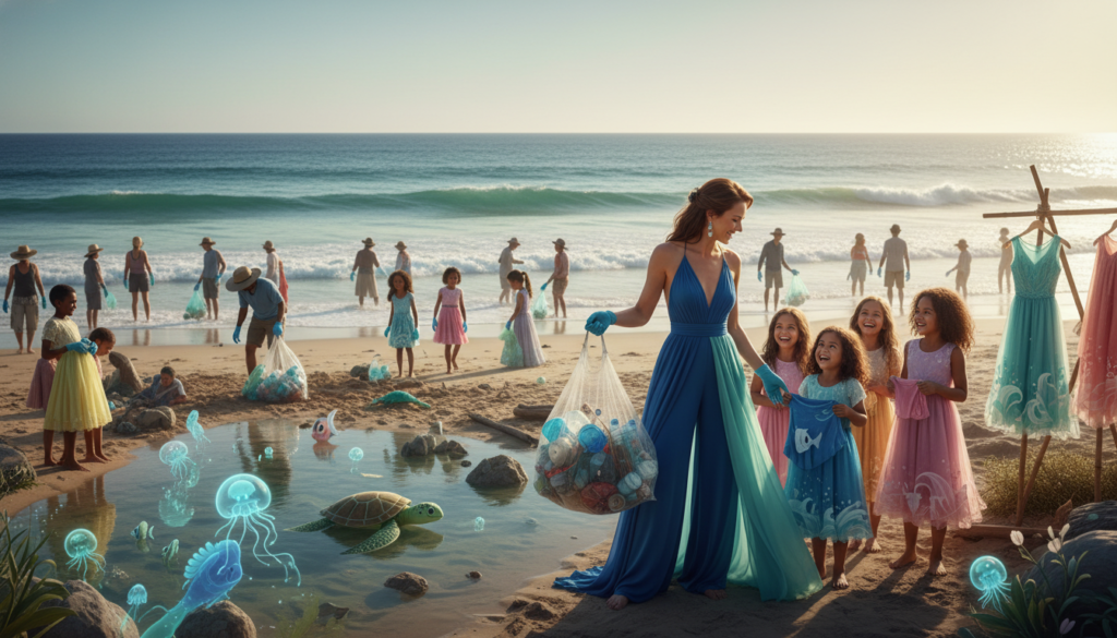 A serene coastal scene depicting a diverse group of people actively participating in marine conservation and sustainable fashion. In the foreground, a woman in a stylish, eco-friendly outfit made from recycled materials holds a collection of ocean plastics for recycling. Beside her, children gather colorful biodegradable clothing, showcasing a future-oriented fashion trend. The middle ground reveals volunteers cleaning up the beach, surrounded by vibrant marine life, while a shimmering ocean extends into the background under a clear blue sky. Soft, warm sunlight filters through, creating a hopeful atmosphere that emphasizes collective responsibility for the ocean's health. The shot is taken from a slightly elevated angle, capturing the action and the vastness of the ocean.