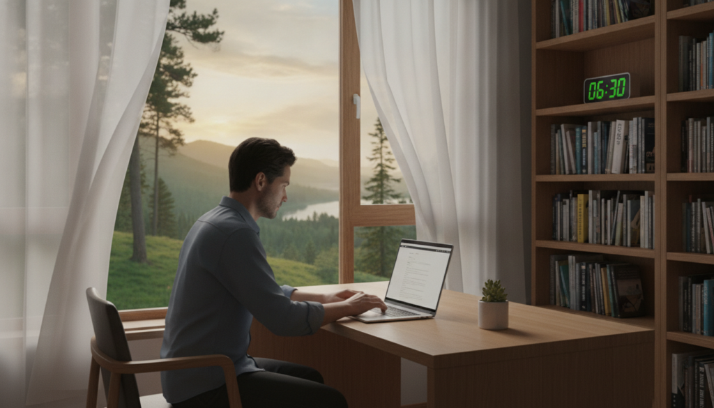 A serene home office setting bathed in soft, natural light filtering through a large window with sheer curtains. In the foreground, a modern wooden desk is uncluttered, showcasing only a minimalist laptop and a potted plant, symbolizing focus and clarity. A professional person in smart casual attire, with an attentive expression, is sitting at the desk, intently working on their laptop. The middle ground features bookshelves filled with inspiring books and a digital clock showing an early morning time, suggesting a fresh start. The background reveals a calming view of nature outside the window, enhancing a tranquil and focused atmosphere. The overall mood is peaceful, emphasizing productivity and deep concentration in a digital detox environment.