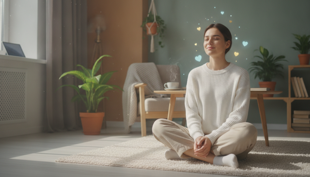 A serene indoor environment featuring a young adult, dressed in comfortable yet chic casual attire, sitting cross-legged on a soft rug. The foreground highlights their peaceful expression, with a gentle smile that reflects improved emotional health and self-esteem. Surrounding them are subtle, glowing elements like floating hearts or soft light rays, symbolizing positivity and personal growth. In the middle ground, a cozy, minimalistic room infused with plants and calming colors creates a warm atmosphere, promoting a sense of tranquility. The background features softly blurred digital devices, hinting at a disconnect from social media. The scene is bathed in soft, natural light streaming through a window, creating a dreamy, uplifting mood.