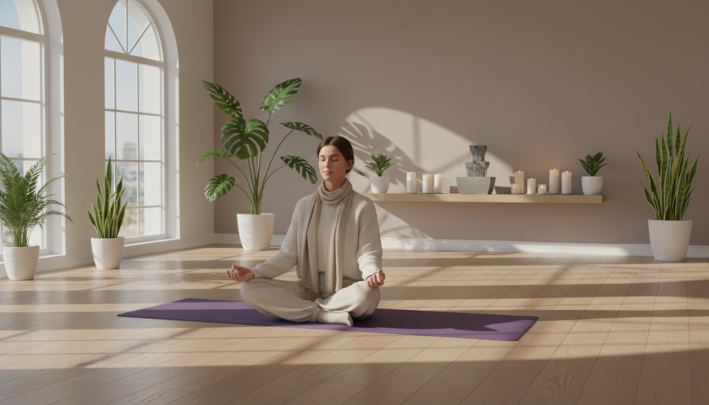 A serene indoor meditation space designed for beginners in mindfulness, centered around a comfortable yoga mat on a polished wooden floor. In the foreground, a young adult in professional casual attire sits cross-legged, eyes closed, radiating tranquility. Soft, natural light filters through large windows, creating gentle shadows that enhance the peaceful atmosphere. Potted plants are scattered around, adding touches of greenery. In the middle background, a minimalist shelf displays light candles and a small water fountain, producing a calming sound of trickling water. The atmosphere is inviting and warm, evoking a sense of calm and focus, with soft, muted colors dominating the scene. A serene indoor meditation space designed for beginners in mindfulness, centered around a comfortable yoga mat on a polished wooden floor. In the foreground, a young adult in professional casual attire sits cross-legged, eyes closed, radiating tranquility. Soft, natural light filters through large windows, creating gentle shadows that enhance the peaceful atmosphere. Potted plants are scattered around, adding touches of greenery. In the middle background, a minimalist shelf displays light candles and a small water fountain, producing a calming sound of trickling water. The atmosphere is inviting and warm, evoking a sense of calm and focus, with soft, muted colors dominating the scene.