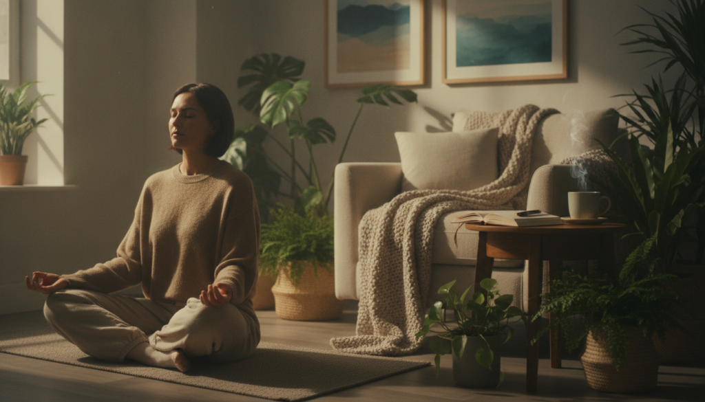 A serene indoor space dedicated to emotional self-care, featuring a cozy reading nook with a plush armchair draped in a soft blanket, surrounded by lush indoor plants. A small wooden table holds a steaming cup of herbal tea and an open journal with a fountain pen. In the foreground, a person dressed in comfortable, modest casual clothing sits cross-legged on a yoga mat, practicing mindfulness with closed eyes. The middle ground showcases warm, natural lighting filtering through a window, creating a peaceful atmosphere. In the background, calming art pieces hang on the walls. The overall mood is tranquil and inviting, encouraging viewers to embrace self-care routines for emotional well-being. Shot with a soft-focus effect to enhance the serene vibe. A serene indoor space dedicated to emotional self-care, featuring a cozy reading nook with a plush armchair draped in a soft blanket, surrounded by lush indoor plants. A small wooden table holds a steaming cup of herbal tea and an open journal with a fountain pen. In the foreground, a person dressed in comfortable, modest casual clothing sits cross-legged on a yoga mat, practicing mindfulness with closed eyes. The middle ground showcases warm, natural lighting filtering through a window, creating a peaceful atmosphere. In the background, calming art pieces hang on the walls. The overall mood is tranquil and inviting, encouraging viewers to embrace self-care routines for emotional well-being. Shot with a soft-focus effect to enhance the serene vibe.