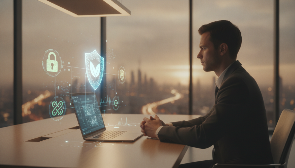 A serene, modern digital workspace featuring a person sitting thoughtfully at a sleek desk with a laptop, surrounded by floating holographic icons representing privacy, security, and data protection. The foreground shows the individual, dressed in professional business attire, with an expression of contemplation. In the middle, a glowing shield symbolizing digital privacy hovers near the laptop, with lines connecting to various data streams. The background features a blurred city skyline through large windows, with soft, warm lighting creating a calm ambiance. The overall mood is one of tranquility and mindfulness in the face of digital challenges, emphasizing the importance of protecting personal data.