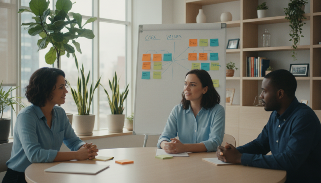 A serene office environment, where a diverse group of professionals—two women and one man—are seated at a round table, discussing values and priorities. The foreground features a close-up of their focused expressions, illustrating engagement and thoughtfulness. The middle layer showcases a beautifully designed whiteboard filled with colorful sticky notes and charts, representing various personal values and priorities such as family, health, and productivity. In the background, soft natural light streams through large windows, illuminating plants and bookshelves, creating a calm and inspiring atmosphere. The mood is collaborative and productive, emphasizing the importance of defining real values in achieving conscious productivity. The image conveys clarity and purpose, aimed at motivating viewers in a professional context. A serene office environment, where a diverse group of professionals—two women and one man—are seated at a round table, discussing values and priorities. The foreground features a close-up of their focused expressions, illustrating engagement and thoughtfulness. The middle layer showcases a beautifully designed whiteboard filled with colorful sticky notes and charts, representing various personal values and priorities such as family, health, and productivity. In the background, soft natural light streams through large windows, illuminating plants and bookshelves, creating a calm and inspiring atmosphere. The mood is collaborative and productive, emphasizing the importance of defining real values in achieving conscious productivity. The image conveys clarity and purpose, aimed at motivating viewers in a professional context.
