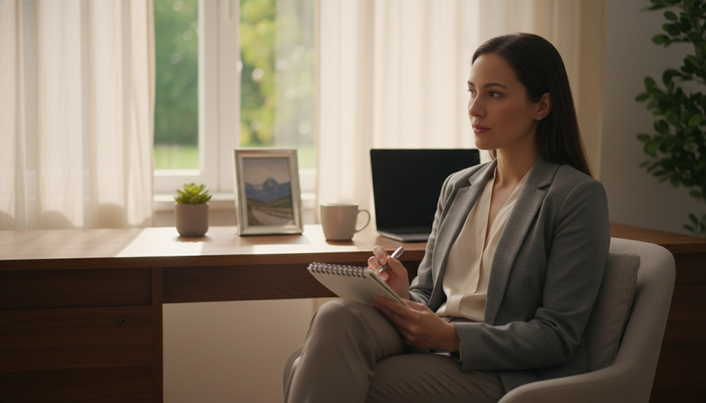 A serene office setting showcasing the idea of personal boundaries. In the foreground, a professional woman in modest business attire, with a calm expression, holding a notebook and a pen, symbolizing self-reflection. The middle ground features an elegant desk with a potted plant and a framed picture, representing emotional balance. The background reveals a softly-lit window with sheer curtains allowing gentle sunlight to filter in, creating a warm atmosphere. The overall mood is peaceful and empowering, emphasizing the importance of setting healthy limits in relationships. Use natural lighting to enhance the cozy feel, with a shallow depth of field to focus on the woman while softly blurring the background elements. A serene office setting showcasing the idea of personal boundaries. In the foreground, a professional woman in modest business attire, with a calm expression, holding a notebook and a pen, symbolizing self-reflection. The middle ground features an elegant desk with a potted plant and a framed picture, representing emotional balance. The background reveals a softly-lit window with sheer curtains allowing gentle sunlight to filter in, creating a warm atmosphere. The overall mood is peaceful and empowering, emphasizing the importance of setting healthy limits in relationships. Use natural lighting to enhance the cozy feel, with a shallow depth of field to focus on the woman while softly blurring the background elements.