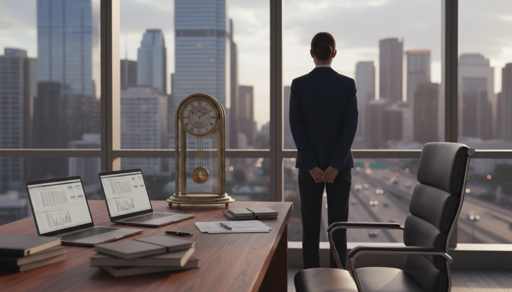 A serene office space bathed in soft, natural light filtering through large windows. In the foreground, a wooden desk is cluttered with productivity tools—laptops, notebooks, and a ticking clock indicating the relentless passage of time. In contrast, an empty chair sits nearby, symbolizing the fear of idleness. The middle layer features a person in professional attire, gazing contemplatively out the window, embodying stress and anxiety over unproductive moments. The background showcases a city skyline, highlighting the fast-paced modern world. The atmosphere is a blend of tension and tranquility, with warm colors creating a feeling of solitude while emphasizing the pressure to stay productive. This scene captures the modern struggle between work and the fear of having 'empty time'.