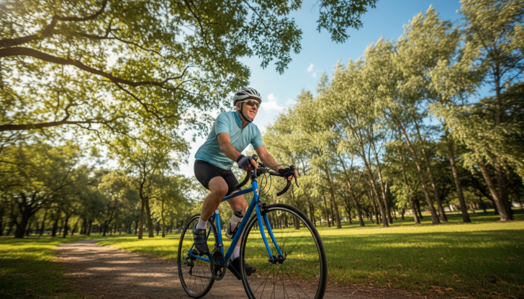 A serene outdoor scene depicting a cyclist enjoying a tranquil ride through a lush green park. In the foreground, a middle-aged person dressed in comfortable, modest athletic wear pedals a bright blue bicycle, showing a sense of relaxation and joy. The midground features soft sunlight filtering through the trees, casting gentle shadows on the pathway. In the background, tall trees sway lightly in the breeze, and a clear sky creates a peaceful atmosphere, enhancing the feeling of well-being. The composition should exhibit a dynamic angle, capturing the cyclist in motion, while soft focus around the edges draws attention to the cyclist's expression of contentment. The overall mood is calm and uplifting, representing the stress-reducing benefits of cycling.