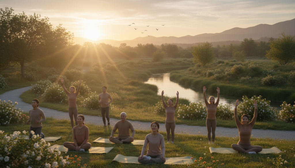 A serene outdoor scene depicting the harmonious integration of physical exercise and mental well-being. In the foreground, a diverse group of individuals, dressed in modest activewear, are engaged in various forms of exercise such as yoga, jogging, and group aerobics. Their expressions reflect joy and focus, symbolizing the positive impact of fitness on mental health. In the middle ground, lush greenery and soft sunlight create an inviting atmosphere, highlighting the natural beauty around them. The background features a gentle sunrise, casting warm hues that evoke a sense of hope and renewal. The composition should evoke motivation and tranquility, emphasizing the connection between body movement and mental clarity. Aim for soft, natural lighting with a focus on balance and clarity. A serene outdoor scene depicting the harmonious integration of physical exercise and mental well-being. In the foreground, a diverse group of individuals, dressed in modest activewear, are engaged in various forms of exercise such as yoga, jogging, and group aerobics. Their expressions reflect joy and focus, symbolizing the positive impact of fitness on mental health. In the middle ground, lush greenery and soft sunlight create an inviting atmosphere, highlighting the natural beauty around them. The background features a gentle sunrise, casting warm hues that evoke a sense of hope and renewal. The composition should evoke motivation and tranquility, emphasizing the connection between body movement and mental clarity. Aim for soft, natural lighting with a focus on balance and clarity.