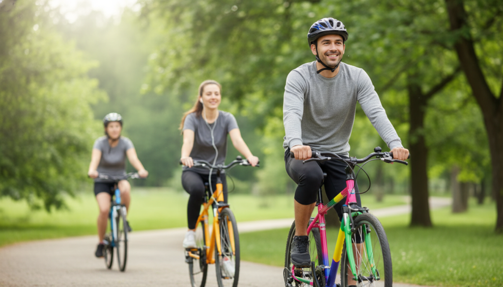 A serene park setting showcases a diverse group of individuals cycling, symbolizing the connection between cycling and mental health. In the foreground, a person smiling confidently while pedaling on a bright, colorful bicycle, wearing casual athletic clothes and a helmet. In the middle ground, another cyclist, a woman with her hair tied back, enjoys the ride while listening to music, her expression reflecting joy and tranquility. The background features lush greenery, with sunbeams filtering through the trees, creating a warm, inviting atmosphere. Soft, natural lighting enhances the feeling of calmness, while a gently winding path suggests a journey towards mental well-being. The overall mood is uplifting and harmonious, emphasizing the positive impact of cycling on mental health.