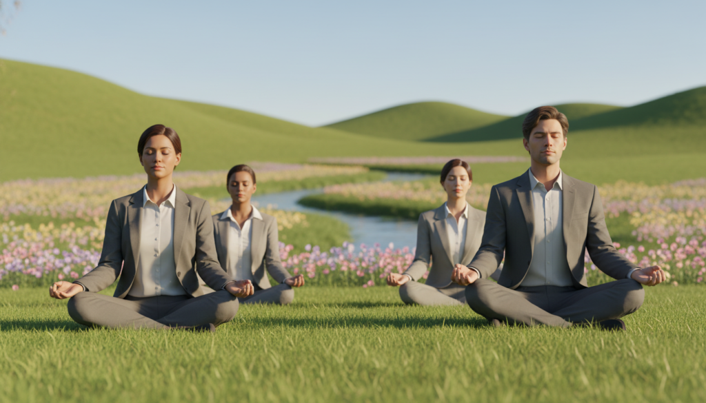 A serene scene depicting self-compassion and emotional balance. In the foreground, a diverse group of people (two women and one man) in modest, professional clothing sit cross-legged on a grassy field, practicing mindfulness and meditation. Their expressions are peaceful and introspective. In the middle ground, soft pastel colors of blooming flowers and gentle, flowing water evoke tranquility. In the background, rolling hills under a clear blue sky enhance the feeling of openness and freedom. The warm, golden sunlight bathes the scene, creating a calm, inviting atmosphere. A shallow depth of field focuses on the people while softly blurring the background, emphasizing the theme of emotional balance and self-love. A serene scene depicting self-compassion and emotional balance. In the foreground, a diverse group of people (two women and one man) in modest, professional clothing sit cross-legged on a grassy field, practicing mindfulness and meditation. Their expressions are peaceful and introspective. In the middle ground, soft pastel colors of blooming flowers and gentle, flowing water evoke tranquility. In the background, rolling hills under a clear blue sky enhance the feeling of openness and freedom. The warm, golden sunlight bathes the scene, creating a calm, inviting atmosphere. A shallow depth of field focuses on the people while softly blurring the background, emphasizing the theme of emotional balance and self-love.