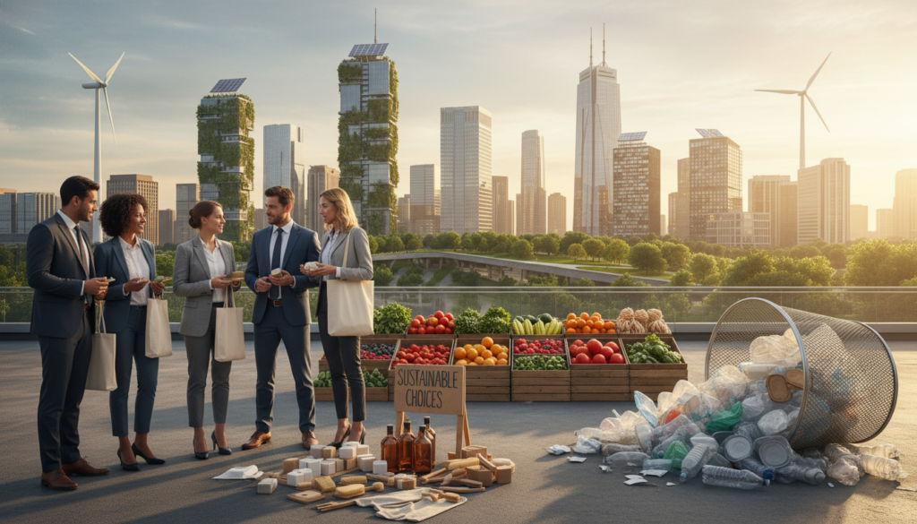 A serene urban landscape illustrating conscious consumption and environmental impact. In the foreground, a diverse group of individuals dressed in professional attire is engaged in sustainable shopping practices, examining eco-friendly products at a market. In the middle ground, a vibrant display of fresh, locally sourced fruits and vegetables contrasts with discarded plastic waste, symbolizing the impacts of mindless consumption. The background features a city skyline with greenery, solar panels, and wind turbines, emphasizing a balance between urban living and nature. The scene is bathed in warm, golden hour lighting, creating a hopeful and reflective mood. The composition captures a sense of responsibility and awareness, inviting viewers to rethink their consumption habits while promoting a sustainable future.