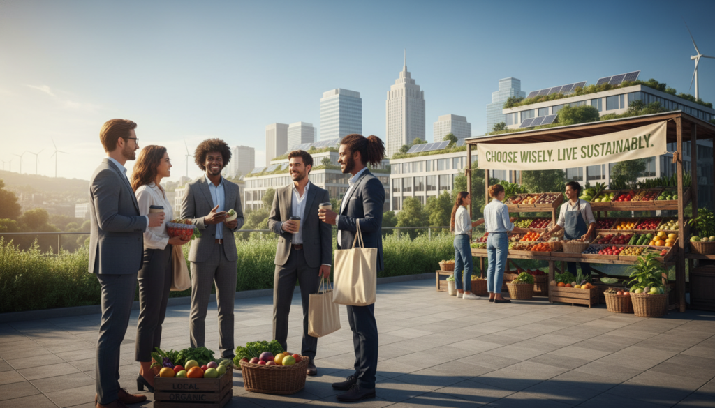 A serene urban scene depicting sustainability and conscious consumption. In the foreground, a diverse group of individuals in professional casual attire engage in a lively discussion about eco-friendly practices, surrounded by reusable bags and organic products. In the middle ground, a vibrant market stall displays fresh, local produce, emphasizing the importance of choosing sustainable options. The background features a city skyline with green roofs and solar panels, under a bright blue sky with gentle sunlight casting warm tones. The atmosphere is uplifting and hopeful, symbolizing a collaborative effort towards environmental responsibility. Use a wide-angle lens for depth, capturing the interactions and the setting harmoniously.