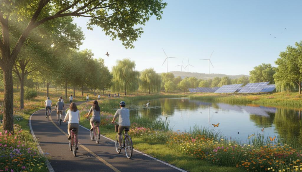 A serene, vibrant landscape showcasing a lush green park with a clear blue sky, emphasizing sustainability and the environment. In the foreground, a diverse group of individuals on bicycles, dressed in casual, modest clothing, enjoy their ride along a winding path surrounded by blooming flowers and trees. In the middle, the path leads to a small pond reflecting the natural surroundings, with wildlife, such as birds and butterflies, enhancing the atmosphere of connection with nature. In the background, a distant hill features wind turbines and solar panels, symbolizing renewable energy. The sunlight filters gently through the trees, creating a warm, inviting glow, evoking a sense of tranquility and harmony with the environment.