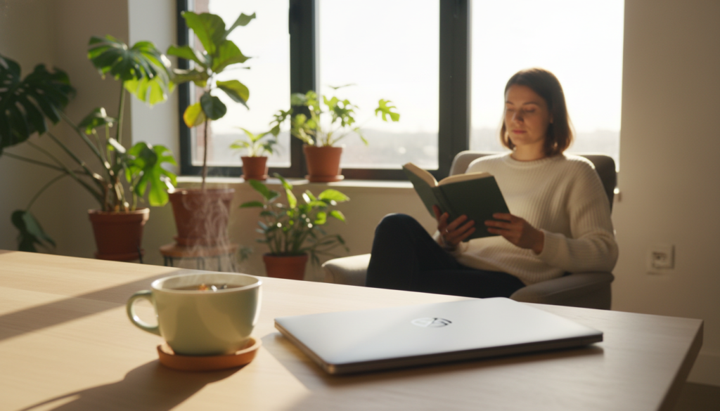 A serene workspace with a modern desk, free of distractions, illuminated by soft, warm sunlight streaming through large windows. In the foreground, a neatly arranged cup of herbal tea sits beside a closed laptop, symbolizing a break from social media. In the middle ground, a calm person, dressed in modest casual clothing, is enjoying the moment with a book, reflecting the idea of investing time in what truly matters. The background features lush indoor plants, enhancing the feeling of tranquility. The mood is peaceful and contemplative, emphasizing the importance of disconnecting from digital noise and reconnecting with oneself. The image captures a sense of clarity and focus, inviting viewers to appreciate the beauty of offline moments.