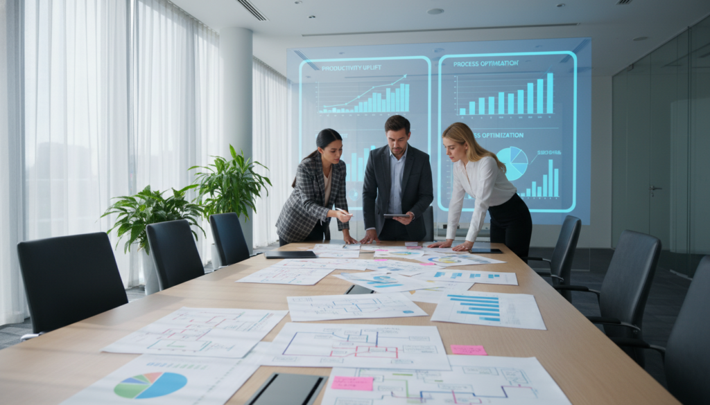 A sleek, modern office space with a long conference table in the foreground, scattered with charts and flow diagrams illustrating process revisions. In the middle, a diverse group of three professionals in business attire are engaged in a discussion, analyzing the documents with focused expressions. A large digital screen in the background displays key metrics and trends related to productivity and process improvement. Soft, natural light streams through large windows, creating a bright and inspiring atmosphere. The mood is collaborative and energetic, emphasizing the importance of constant adaptation and efficiency in workflows. Ensure a clean, organized aesthetic that reflects professionalism and innovation. A sleek, modern office space with a long conference table in the foreground, scattered with charts and flow diagrams illustrating process revisions. In the middle, a diverse group of three professionals in business attire are engaged in a discussion, analyzing the documents with focused expressions. A large digital screen in the background displays key metrics and trends related to productivity and process improvement. Soft, natural light streams through large windows, creating a bright and inspiring atmosphere. The mood is collaborative and energetic, emphasizing the importance of constant adaptation and efficiency in workflows. Ensure a clean, organized aesthetic that reflects professionalism and innovation.