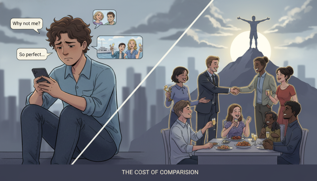 A split-scene illustration depicting the concept of social comparison and self-esteem. In the foreground, a young professional dressed in smart casual attire looks at a smartphone, scrolling through idealized social media images, showing happiness and success, reflected in their expression of concern and anxiety. In the middle ground, contrasting figures engage in various activities like networking and socializing, radiating confidence and fulfillment. The background features a blurred cityscape, symbolizing the fast-paced modern world, with soft, overcast lighting that conveys a sense of introspection. The mood is somber yet thought-provoking, emphasizing the internal conflict between real life and social media portrayals. The composition captures a moment of reflection, urging viewers to consider the unseen costs of constant comparison.