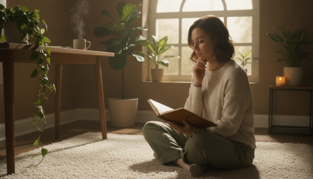 A tranquil scene of a serene workspace symbolizes emotional management. In the foreground, a professional woman in modest casual clothing, sitting cross-legged on a soft rug, gently holds a journal open on her lap, reflecting deep thought. Soft sunlight streams through a large window in the background, illuminating green plants and wooden elements that evoke a sense of calm. On a nearby table, a steaming cup of herbal tea rests beside a small candle, casting delicate shadows. The atmosphere is peaceful, encouraging introspection and self-acceptance. The colors are warm and earthy, focusing on soft greens, browns, and golden tones. The composition captures a moment of self-reflection, emphasizing the importance of recognizing emotions without judgment, inviting a sense of balance and clarity. A tranquil scene of a serene workspace symbolizes emotional management. In the foreground, a professional woman in modest casual clothing, sitting cross-legged on a soft rug, gently holds a journal open on her lap, reflecting deep thought. Soft sunlight streams through a large window in the background, illuminating green plants and wooden elements that evoke a sense of calm. On a nearby table, a steaming cup of herbal tea rests beside a small candle, casting delicate shadows. The atmosphere is peaceful, encouraging introspection and self-acceptance. The colors are warm and earthy, focusing on soft greens, browns, and golden tones. The composition captures a moment of self-reflection, emphasizing the importance of recognizing emotions without judgment, inviting a sense of balance and clarity.