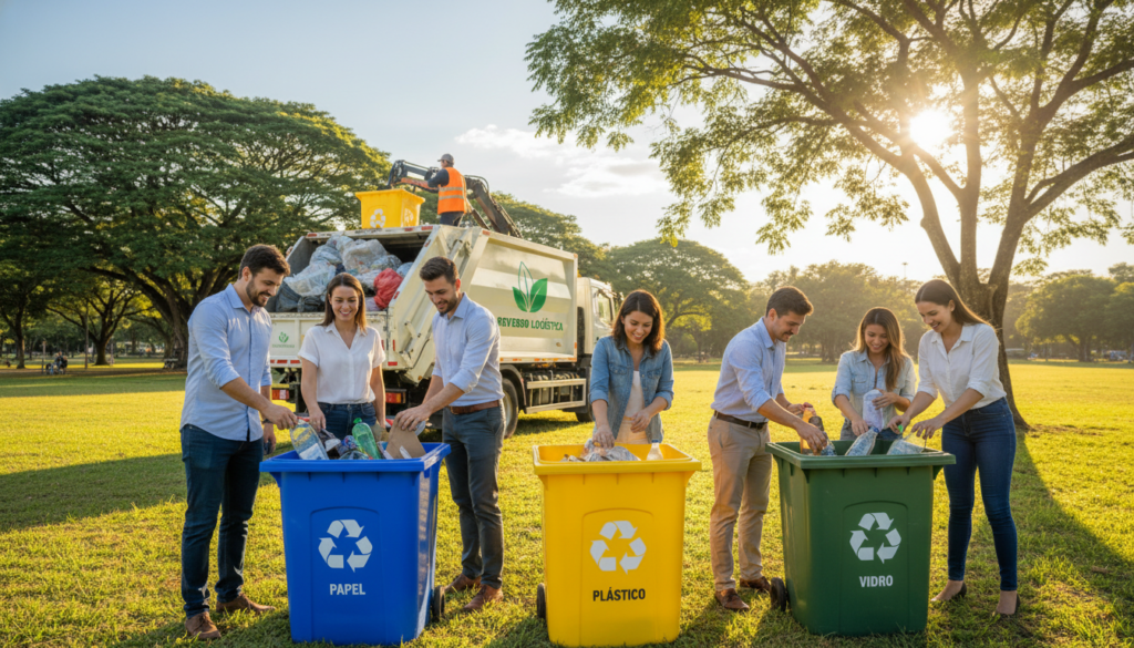 A vibrant and engaging scene depicting the theme of "Dia Nacional da Reciclagem e logística reversa." In the foreground, a diverse group of consumers dressed in professional or modest casual attire, actively participating in a recycling event, sorting materials into bins labeled for paper, plastic, and glass. In the middle ground, a large recycling truck is shown collecting the sorted materials, symbolizing the logistics of reverse supply chains. The background features a lush green park with trees and blue skies, representing environmental sustainability. Soft afternoon sunlight casts a warm glow over the scene, highlighting the cheerful, proactive mood as people cooperate for a cleaner planet. The image captures the importance of consumer roles in the recycling process without any text or overlays.