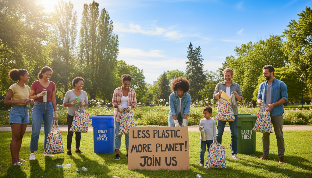 A vibrant and engaging scene illustrating the concept of reducing disposable plastic consumption. In the foreground, a diverse group of environmentally-conscious individuals, dressed in modest casual clothing, are joyfully participating in a community clean-up event. They're using reusable bags and containers, with colorful cloth bags and stainless-steel water bottles prominently displayed. In the middle ground, a serene park is visible, dotted with trees and recycling bins adorned with eco-friendly messages. The background features a bright blue sky with sunlight filtering through the leaves, creating a warm, uplifting atmosphere. The overall mood is positive and hopeful, emphasizing community action for a sustainable future. The image should feel inviting and inspiring, promoting a message of environmental responsibility and optimism.