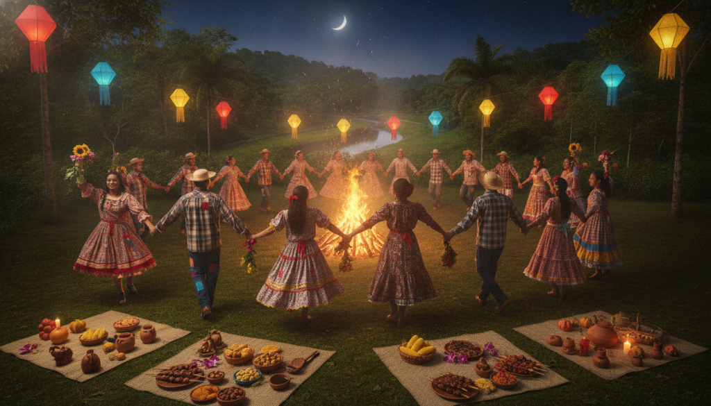 A vibrant and evocative scene depicting Brazilian ancestral traditions. Foreground features a diverse group of people in traditional attire, joyfully celebrating São João, surrounded by symbols of spirituality, like candles and flowers. The middle ground showcases a warm bonfire with people dancing and celebrating under a starlit sky, creating an atmosphere of unity and connection. Traditional food and crafts are placed on woven mats, symbolizing cultural heritage. In the background, a lush Brazilian landscape merges with a festive ambiance, with decorations made from colorful paper lanterns. Soft, golden lighting illuminates the scene, evoking warmth and nostalgia, captured from a slightly elevated angle to encompass the vibrancy of this cultural ritual, blending ancestral connection with spiritual celebration.