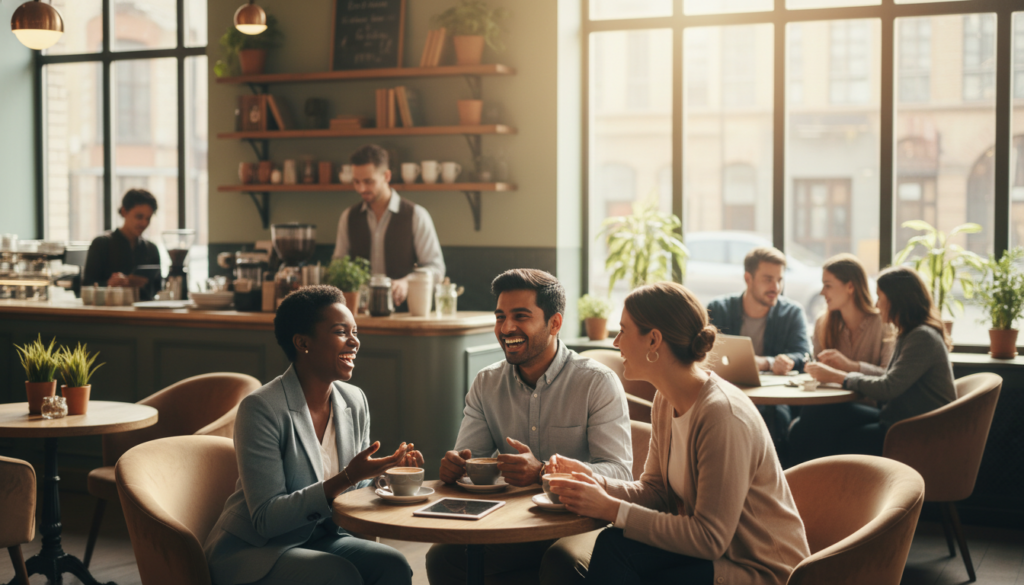 A vibrant and inviting scene illustrating the concept of meaningful social connections. In the foreground, a diverse group of three people, dressed in professional business attire, are engaged in a joyful conversation, exuding warmth and connection. The middle ground features a cozy café setting, with soft, natural lighting filtering through large windows, creating a comfortable atmosphere. In the background, subtle hints of other small groups interacting, enhancing the sense of community. The camera angle should be slightly elevated, capturing both the intimacy of the foreground interaction and the bustling vibe of the café. The overall mood is uplifting and hopeful, symbolizing the positive impact of nurturing social ties on mental health. A vibrant and inviting scene illustrating the concept of meaningful social connections. In the foreground, a diverse group of three people, dressed in professional business attire, are engaged in a joyful conversation, exuding warmth and connection. The middle ground features a cozy café setting, with soft, natural lighting filtering through large windows, creating a comfortable atmosphere. In the background, subtle hints of other small groups interacting, enhancing the sense of community. The camera angle should be slightly elevated, capturing both the intimacy of the foreground interaction and the bustling vibe of the café. The overall mood is uplifting and hopeful, symbolizing the positive impact of nurturing social ties on mental health.