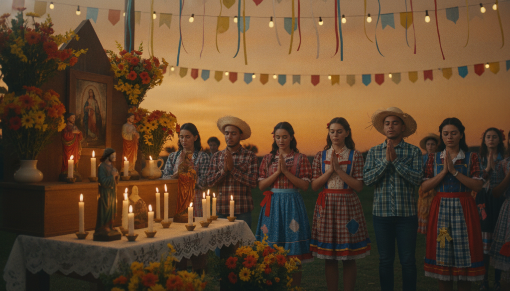 A vibrant celebration of the Brazilian June Festival, focusing on the theme of faith and devotion. In the foreground, a humble altar adorned with candles, colorful flowers, and images of saints, creating a sacred atmosphere. In the middle, traditional revelers in modest, cheerful attire engaging in prayerful reflection, their expressions filled with reverence. The background features a warm, glowing sky at dusk, illuminated by string lights and decorated with colorful banners and ribbons symbolizing the festivities. Soft, golden lighting casts a serene glow over the scene, evoking a sense of spirituality and community unity. The overall mood is heartfelt and joyful, capturing the essence of devotion during the June festivities.