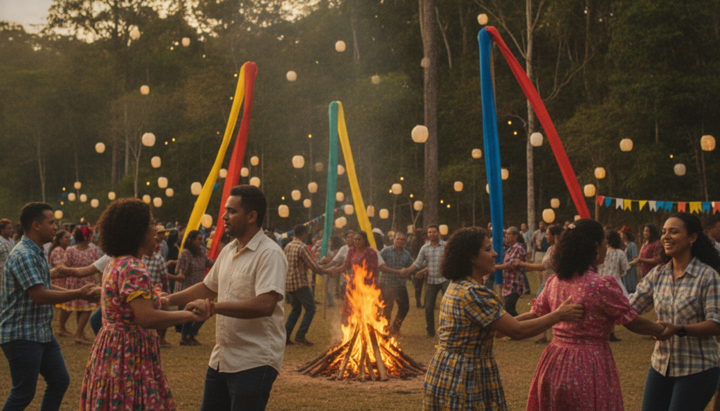A vibrant community gathering celebrating spiritual traditions during the São João festival. In the foreground, a diverse group of individuals in modest, colorful attire joyfully engage in dance and sharing traditional foods, their expressions radiating warmth and inclusion. In the middle ground, a fire pit surrounded by handmade decorations and tall, fluttering banners, symbolizing connection and energy. In the background, lush greenery and softly glowing lanterns illuminate the scene, creating a magical atmosphere. Warm, soft lighting enhances the sense of intimacy and togetherness, while the angle captures an uplifting perspective, focusing on the community's unity and shared spirituality. The overall mood is festive, hopeful, and deeply rooted in cultural heritage.