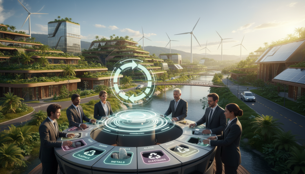 A vibrant depiction of a circular economy in a sustainable future, showcasing interconnected systems of recycling and resource management. In the foreground, a diverse group of people in professional business attire is collaborating around a large, innovative recycling station, actively sorting materials into designated bins. In the middle ground, lush greenery thrives alongside modern buildings equipped with green roofs and solar panels, emphasizing harmony between urban life and nature. The background features wind turbines and a clear blue sky, suggesting renewable energy sources. Soft, warm lighting filters through, creating an optimistic and hopeful atmosphere, symbolizing the promise of a sustainable future for Brazil and the planet. The composition should inspire a sense of teamwork and environmental stewardship.