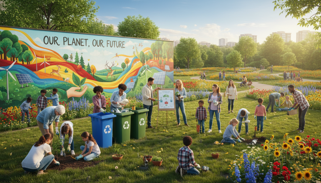 A vibrant educational scene illustrating environmental awareness and education. In the foreground, a diverse group of individuals, including children and adults, dressed in modest, casual clothing, engage in activities like planting trees and learning about recycling. In the middle, a large, colorful mural depicting nature, wildlife, and sustainable practices serves as a backdrop. The background features a lush green park with blooming flowers and a clear blue sky, symbolizing a healthy ecosystem. Soft, warm sunlight filters through the leaves, creating a hopeful and positive atmosphere. The image should convey a sense of community, responsibility, and the transformative power of environmental education, captured from a slightly elevated angle for depth.
