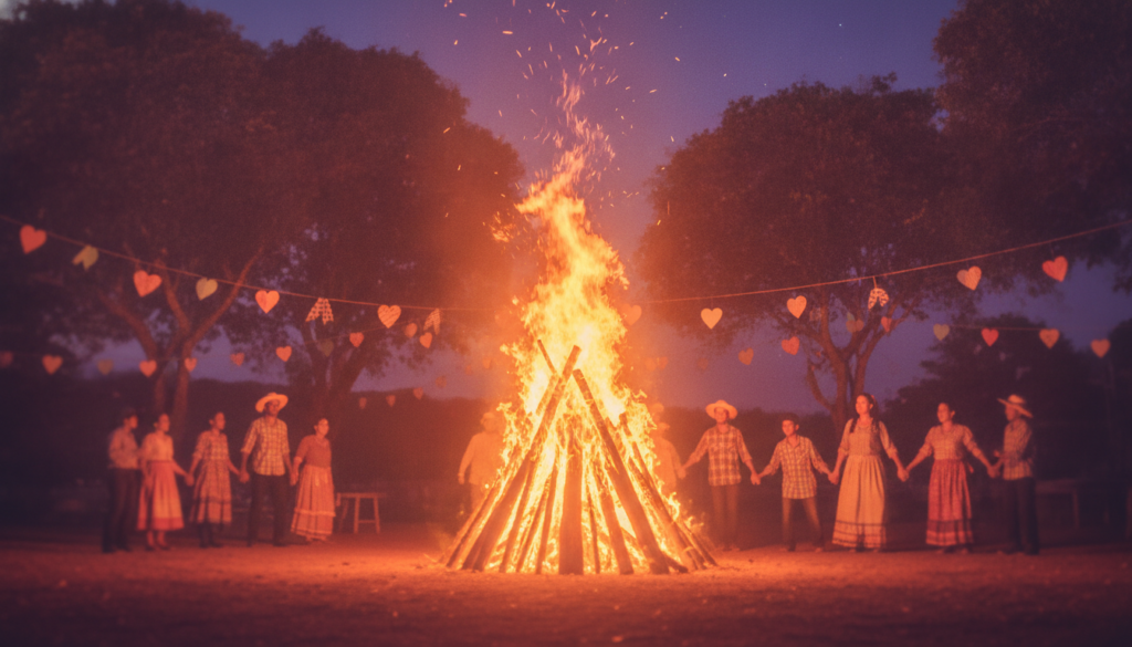 A vibrant "fogueira de São João" (Saint John's bonfire) blazing at dusk in a Brazilian village setting. In the foreground, the bonfire's flames dance energetically, casting warm, flickering light. Surrounding the fire, a small gathering of people dressed in modest casual attire, joyfully celebrating, their faces illuminated by the flames. In the middle ground, traditional Junina decorations, such as colorful paper hearts and pennants, hang from nearby trees, contributing to the festive atmosphere. The background features a darkening sky transitioning from deep blue to rich purple, dotted with stars, enhancing the spiritual significance of fire as a symbol of guidance and renewal. Capture this scene with a soft-focus lens to evoke a nostalgic and warm feeling, inviting viewers to reflect on the spiritual essence of the celebration.