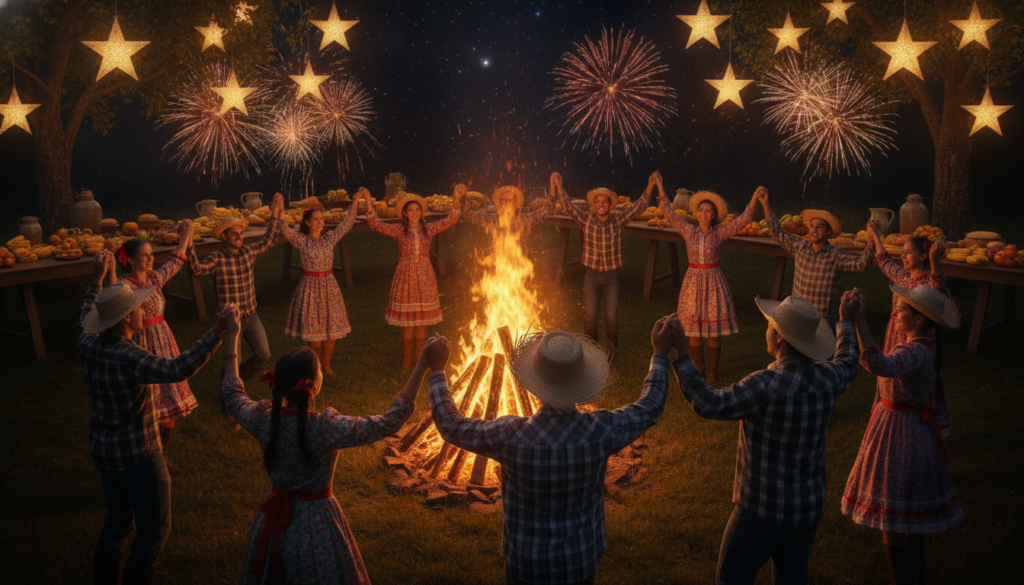 A vibrant, joyful celebration scene depicting spiritual gratitude during São João festivities. In the foreground, a diverse group of people, dressed in colorful, traditional clothes, are joyfully dancing around a decorated bonfire. Their faces express happiness and gratitude, with smiles and arms raised in celebration. In the middle ground, tables filled with festive foods, such as sweet corn, cakes, and drinks, are surrounded by bright, glowing lanterns hanging from trees, symbolizing light and warmth. The background shows a starry night sky, with fireworks illuminating the scene, adding to the festive atmosphere. The lighting is warm and inviting, creating a sense of community and spiritual connection. The overall mood is filled with joy, love, and a deep sense of belonging, reflecting the essence of gratitude and spirituality in São João celebrations.