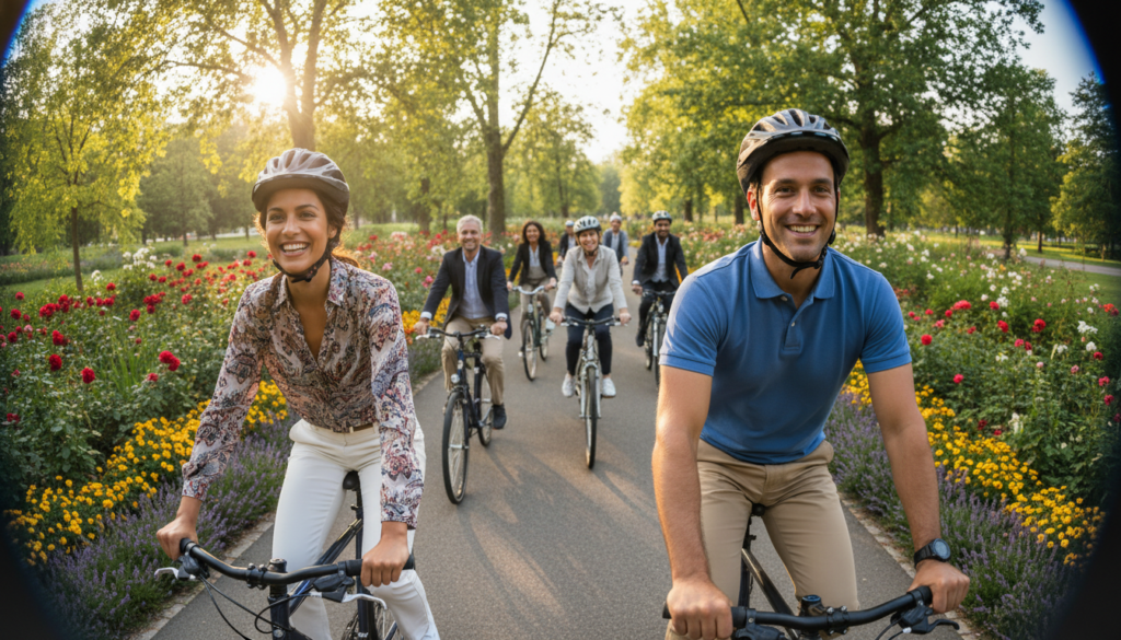 A vibrant outdoor scene illustrating the concept of cardiovascular health, featuring a diverse group of individuals in professional casual attire joyfully riding bicycles along a picturesque park path. In the foreground, include close-ups of smiling faces and healthy postures as they pedal, emphasizing physical well-being. The middle ground should show more cyclists navigating the scenic route, surrounded by lush greenery and blossoming flowers, symbolizing vitality. In the background, soft golden sunlight filters through trees, creating a warm, uplifting atmosphere. The composition should evoke a sense of community, health, and happiness, with a clear focus on cardiovascular fitness, as the cyclists’ movement suggests energy and vitality, captured with a slight fisheye lens for dynamic perspective.