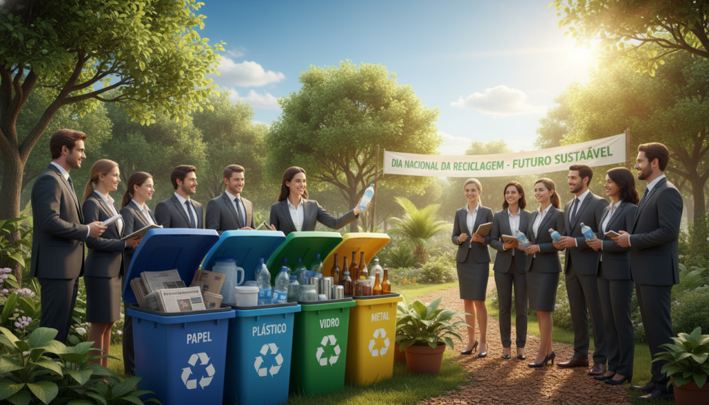 A vibrant scene celebrating "Dia Nacional da Reciclagem" and environmental education. In the foreground, a diverse group of individuals in professional business attire gather around a colorful recycling station filled with sorted materials like paper, plastic, and glass. They are engaged in discussions, with one person demonstrating how to recycle correctly. The middle ground features lush greenery, symbolizing nature and sustainability, with trees and plants flourishing around them. In the background, a clear blue sky and a bright sun shining down create an optimistic atmosphere. The lighting is warm and inviting, highlighting the joy of teamwork and community effort. The overall mood is hopeful and inspiring, representing the positive impact of recycling on the future of the planet.