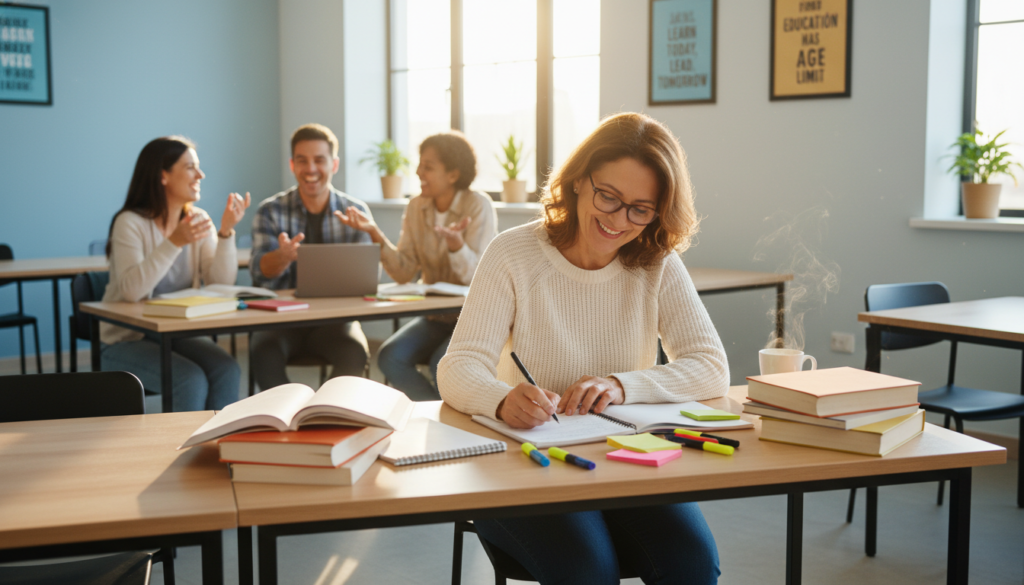 A vibrant scene depicting a middle-aged woman, Ana Rodrigues, returning to school at 47 years old and pursuing her dream of becoming a pedagogue. In the foreground, Ana is seated at a desk, surrounded by open books, a notebook, and colorful stationery, deeply focused on her studies. She wears smart, modest casual clothing, exuding determination and passion. In the middle ground, fellow adult learners are engaged in collaborative learning, smiling and sharing ideas. The background features a bright, welcoming classroom with motivational posters on the walls, a large window allowing warm sunlight to flood the space, creating an uplifting atmosphere. The image conveys a sense of hope and empowerment, capturing the transformative journey of lifelong learning.