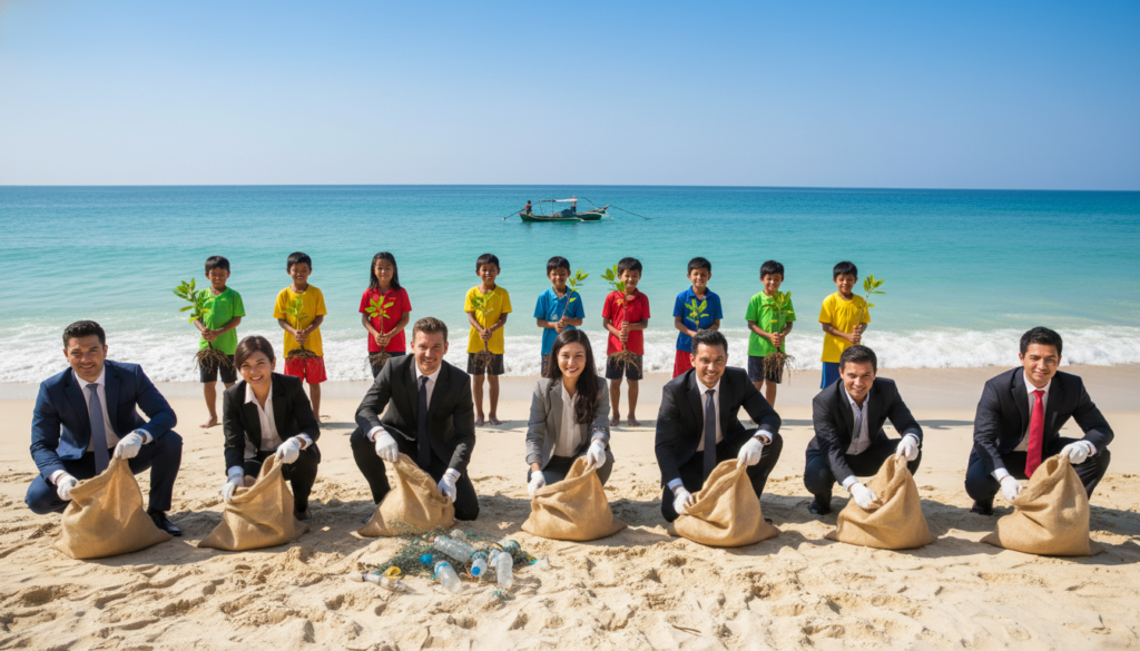 A vibrant scene depicting sustainable action and community engagement for ocean protection. In the foreground, a diverse group of people—men and women of various ethnicities—wearing professional business attire, engaged in a beach cleanup, picking up plastic debris. In the middle, children participate joyfully, holding newly planted mangroves, symbolizing hope for the future. The background features a serene ocean under a clear blue sky, with gentle waves lapping at the shore, while a small boat can be seen, highlighting local fishermen practicing sustainable fishing methods. The lighting is bright and natural, casting soft shadows that create an optimistic atmosphere. The angle is slightly elevated, offering a panoramic view that captures the unity of community efforts for ocean conservation.