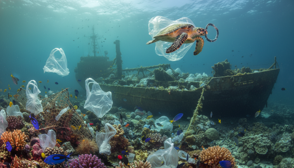 A vibrant underwater scene depicting the impact of plastic pollution on marine life. In the foreground, colorful coral reefs are obscured by tangled plastic waste, such as bags, bottles, and fishing nets. A distressed turtle swims near the surface, struggling amid the debris, while schools of fish dart between the coral. In the middle ground, a sunken ship is overgrown with algae, serving as a haunting reminder of human consumption. The background features dim, murky waters adorned with gradual light filtering down from the ocean's surface, creating a somber atmosphere. The image should reflect an urgent mood, emphasizing the beauty of marine life alongside the stark reality of pollution. Employ a wide-angle lens to capture the depth and breadth of this underwater world.