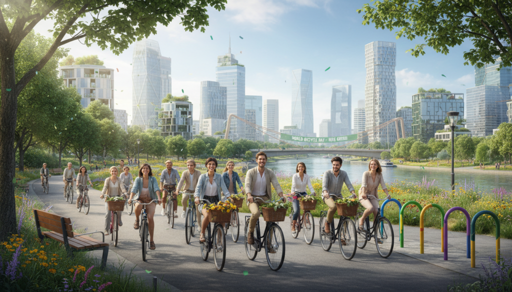 A vibrant urban scene celebrating World Bicycle Day and sustainability. In the foreground, a diverse group of individuals in smart casual attire ride bicycles, each exuding joy and vitality. The middle ground features a lush green park with trees, flowers, and cyclists sharing the pathway; colorful bicycle racks are visible. The background showcases a modern city skyline with eco-friendly buildings and solar panels. Bright, natural sunlight filters through the leaves, casting dappled shadows, while a soft blue sky enhances the uplifting atmosphere. The composition should evoke a sense of community, health, and environmental awareness, emphasizing the connection between cycling and urban mobility.