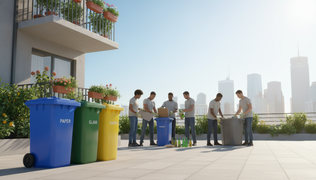 A vibrant urban setting illustrating waste management and recycling practices. In the foreground, a neatly arranged collection of color-coded recycling bins—blue for paper, green for glass, and yellow for plastics—sits beside a tidy apartment building balcony adorned with potted plants. In the middle ground, a diverse group of people, dressed in modest casual clothing, is actively engaged in sorting waste, demonstrating the separation of recyclables from regular trash. They show expressions of focus and determination. The background features a bright sunny day with clear blue skies and a distant skyline of modern city buildings. Soft sunlight casts natural lighting, enhancing the colors and creating a hopeful, industrious atmosphere. The angle captures the action from a slightly elevated perspective, fostering an inclusive feel of community involvement in sustainable practices.