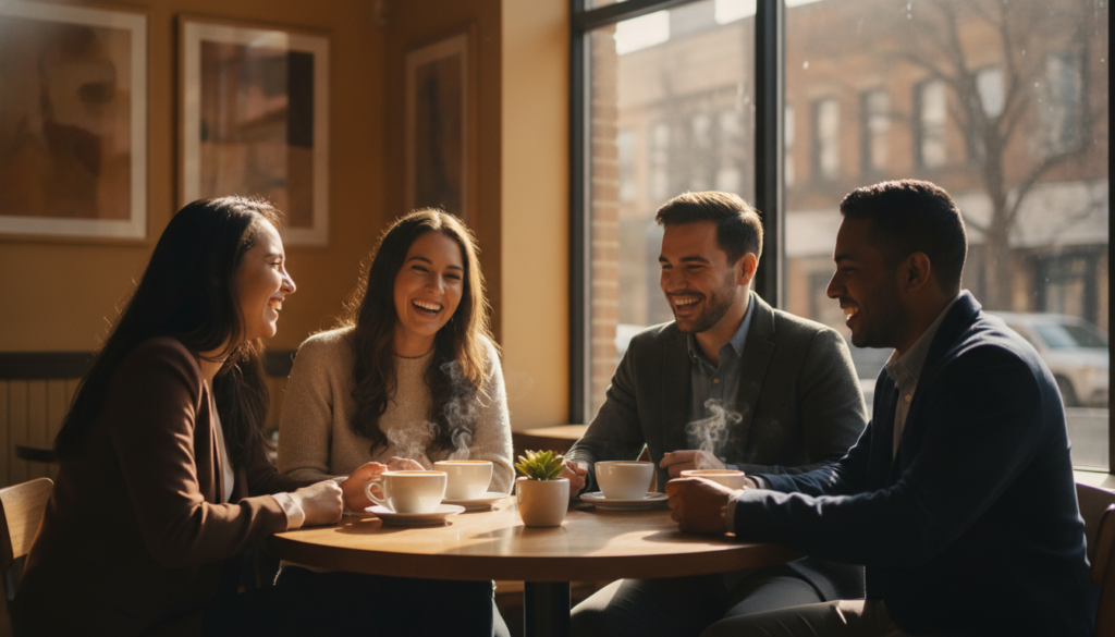 A warm, inviting cafe setting with a group of four diverse friends enjoying a heartfelt conversation. In the foreground, a circular wooden table with steaming coffee cups and a small plant centerpiece. The friends, dressed in professional casual attire, sit closely together, sharing laughter and authentic smiles, their expressions radiating connection and joy. In the middle background, soft sunlight filters through large windows, creating a cozy atmosphere. The walls are adorned with subtle artwork, enhancing the relaxed vibe. The atmosphere is intimate and welcoming, focusing on the importance of genuine relationships away from digital distractions. The lighting is soft yet bright, highlighting the warm colors of the cafe’s interior. Use a shallow depth of field to emphasize the friends while softly blurring the background.