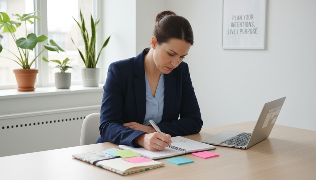 A well-organized weekly planning scene set in a modern office environment. In the foreground, a stylish wooden desk is neatly arranged with a planner open, colorful sticky notes, a high-quality pen, and a laptop displaying a calendar. In the middle ground, a person in professional business attire, focused and engaged, is writing in the planner, leaning slightly forward. The background features a bright, airy office with large windows, letting in soft, natural light that creates a productive and inspiring atmosphere. Houseplants are placed on the windowsill, and a motivational poster is subtly visible on the wall. The scene conveys a mood of intentionality and productivity, emphasizing the importance of conscious planning. A well-organized weekly planning scene set in a modern office environment. In the foreground, a stylish wooden desk is neatly arranged with a planner open, colorful sticky notes, a high-quality pen, and a laptop displaying a calendar. In the middle ground, a person in professional business attire, focused and engaged, is writing in the planner, leaning slightly forward. The background features a bright, airy office with large windows, letting in soft, natural light that creates a productive and inspiring atmosphere. Houseplants are placed on the windowsill, and a motivational poster is subtly visible on the wall. The scene conveys a mood of intentionality and productivity, emphasizing the importance of conscious planning.