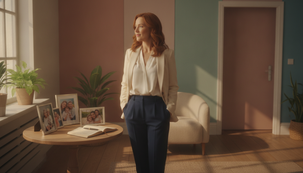 A woman in her early 30s stands confidently in a serene, softly lit room, symbolizing personal reconstruction after a devastating divorce. In the foreground, she wears smart casual clothing, reflecting strength and resilience with a subtle, hopeful smile. Her hair is styled naturally, and she gazes thoughtfully towards a large window letting in warm, golden light, casting gentle shadows. In the middle ground, a small table is adorned with family photographs and a journal open, signifying reflection and growth. The background features a soothing palette of pastel colors on the walls and plants, evoking a tranquil atmosphere of healing and renewal. The overall mood is inspiring and uplifting, portraying the journey of recovering identity and strength. The scene is captured with a warm focus, highlighting the warmth and optimism of the moment.