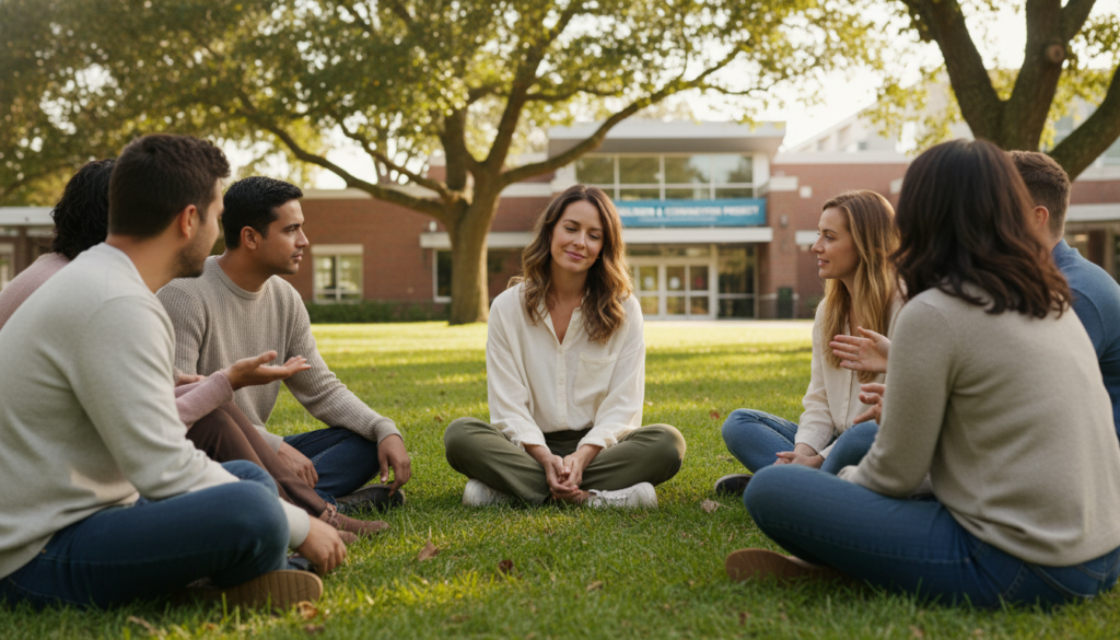 A woman in her early thirties, wearing modest casual clothing, sitting cross-legged on a grassy lawn, surrounded by a diverse group of supportive community members engaged in a heartfelt discussion. The woman looks reflective yet hopeful, with soft natural light illuminating her face, enhancing her expression of resilience. In the background, trees with green leaves provide a sense of tranquility, while a community center is subtly visible, symbolizing the project that helps many. The atmosphere is uplifting and warm, conveying a journey of recovery and connection, capturing the essence of community support in mental health. The perspective is slightly elevated, offering a clear view of the interaction among the group.