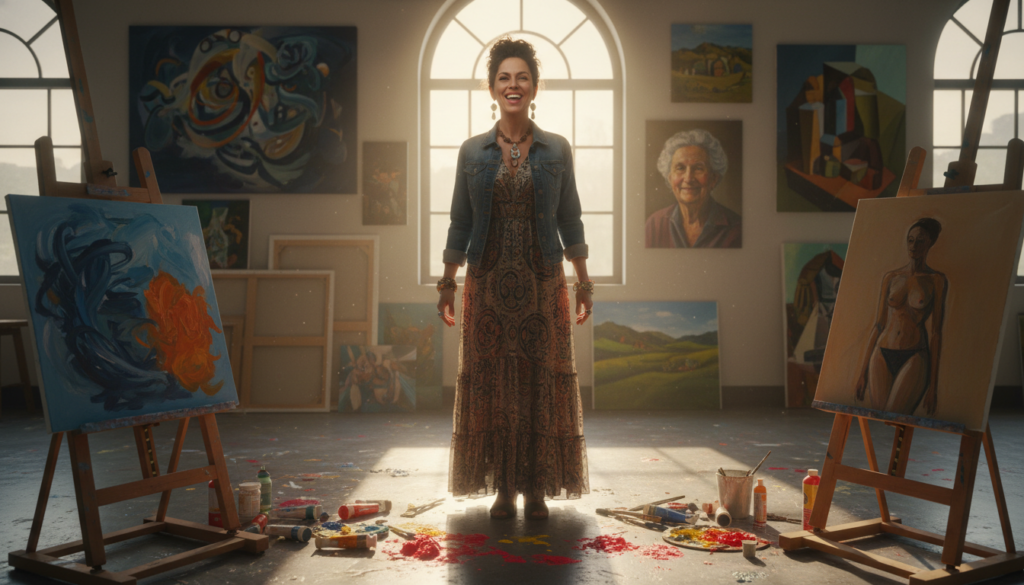 A woman in her late 30s, dressed in stylish, modest casual clothing, stands in a vibrant art studio filled with colorful paintings and art supplies. She has a joyful expression, reflecting her courage and excitement after leaving a stable corporate job. The foreground features easels with half-finished canvases, paintbrushes, and vivid colors splattered on the floor. In the middle ground, sunlight streams through large windows, illuminating the space, creating a warm and inviting atmosphere. The background showcases various artworks, from abstract pieces to realistic portraits, symbolizing her artistic journey. The angle is slightly from below, emphasizing her determination and new beginnings, while the lighting creates a soft, inspirational glow, enhancing the sense of transformation and creativity.